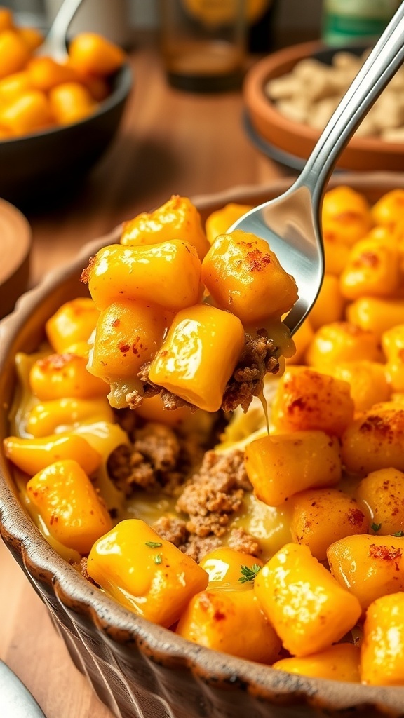 A golden-brown tater tot casserole with crispy tots and melted cheese in a rustic baking dish.